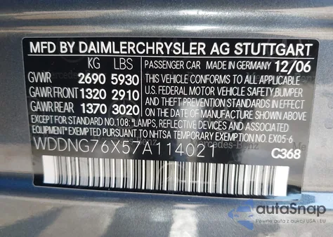 2007 Mercedes-Benz S 600 z USA, uszkodzony, nr VIN WDDNG76X57A114021